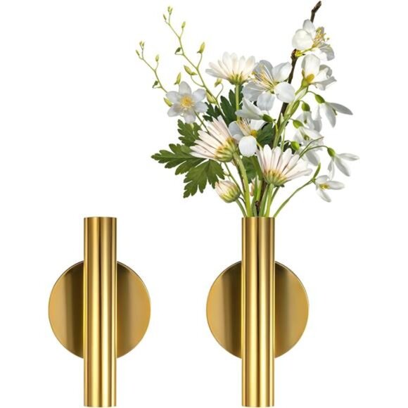 NEW 2 PCS Wall Vases for Flowers, Gold Flower Vase Metal Hanging Plant Holder - Picture 1 of 8